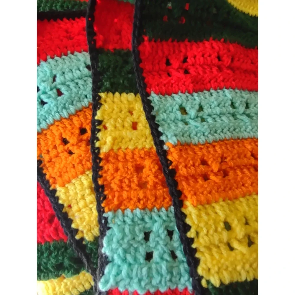 Handmade Crochet Striped Blanket 44x52 Retro 70s Afghan Throw Grannycore